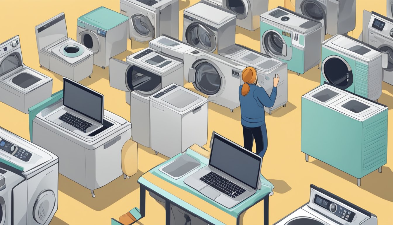 A person browsing a laptop, surrounded by various washing machine models, with a "Frequently Asked Questions" section on the screen