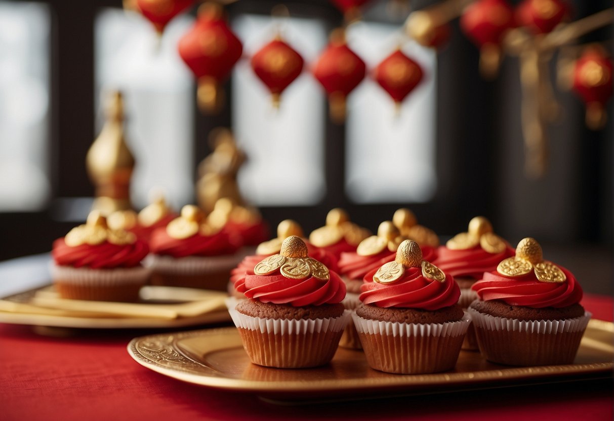 A table with Chinese New Year cupcakes, decorated with red and gold accents, surrounded by festive decorations and traditional Chinese symbols