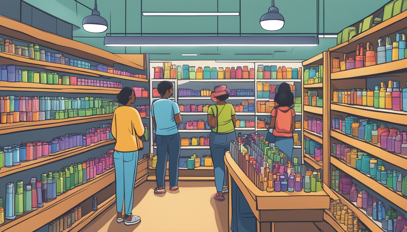 Shelves of flashlights line the brightly lit store, showcasing a variety of sizes and designs. Customers browse the selection, while a salesperson assists a couple at the checkout counter