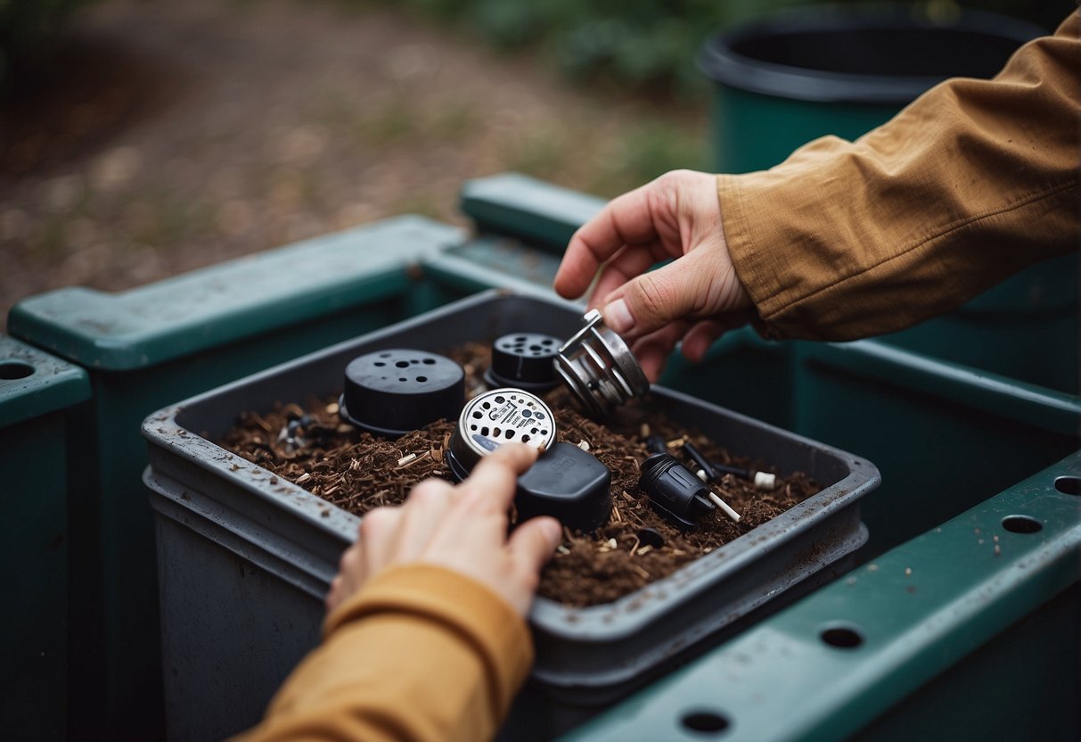 A hand reaching for a drain plug on an outdoor garbage container, with various plugs scattered nearby