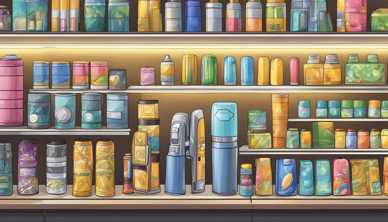 A bright flashlight on display in a Singaporean store, surrounded by shelves of various other products