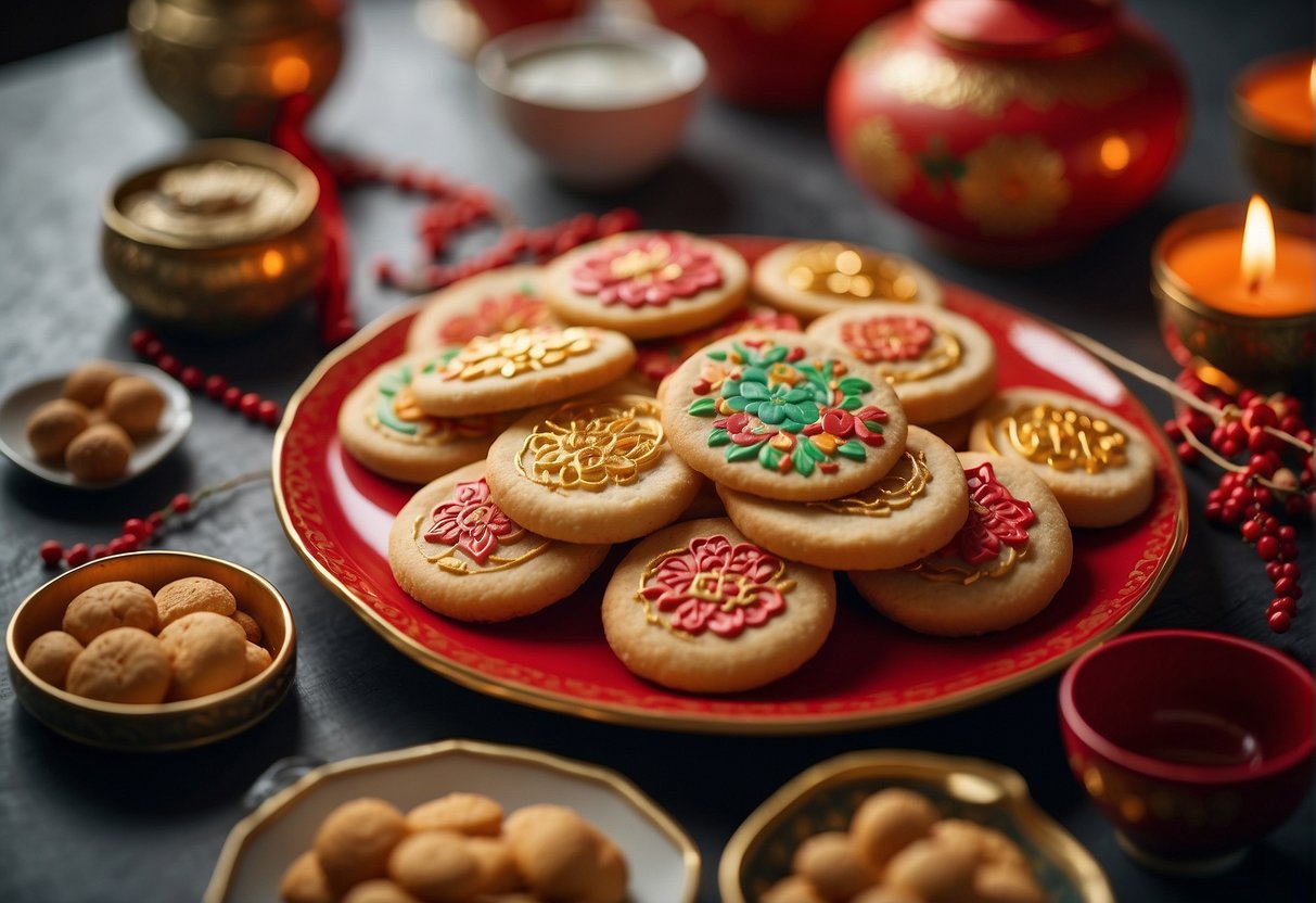 A table filled with colorful Chinese New Year cookies, surrounded by traditional decorations and red packets