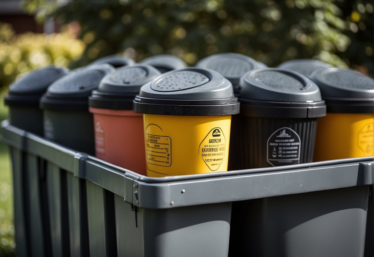 The drain plugs on outdoor garbage containers should be securely fastened to prevent leakage. The containers should be depicted outdoors, with a focus on the drain plugs and their proper maintenance