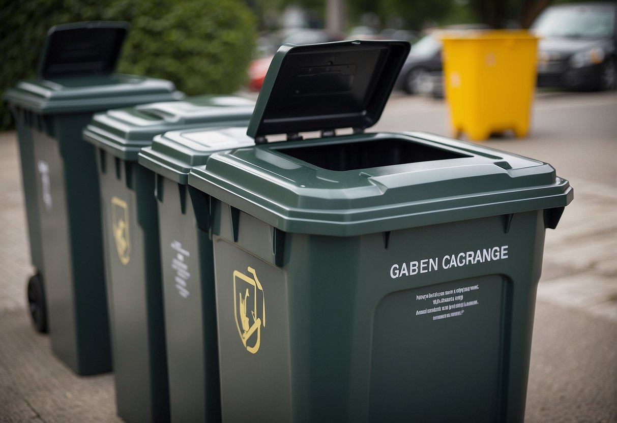 Outdoor garbage containers with secure drain plugs, labeled for compliance. Clear signage and locking mechanism visible