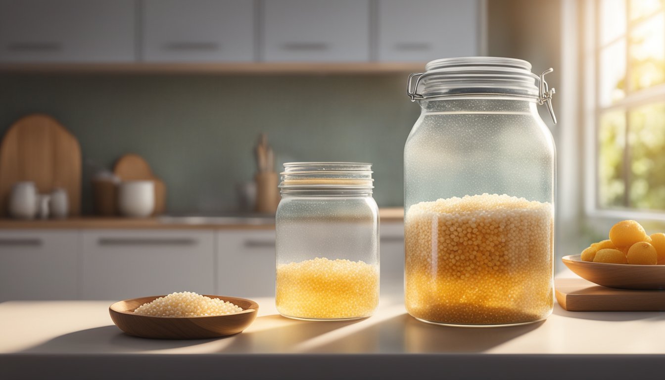 A glass jar filled with water kefir grains sits on a kitchen countertop in Singapore. Sunlight streams through the window, casting a warm glow on the fermenting mixture
