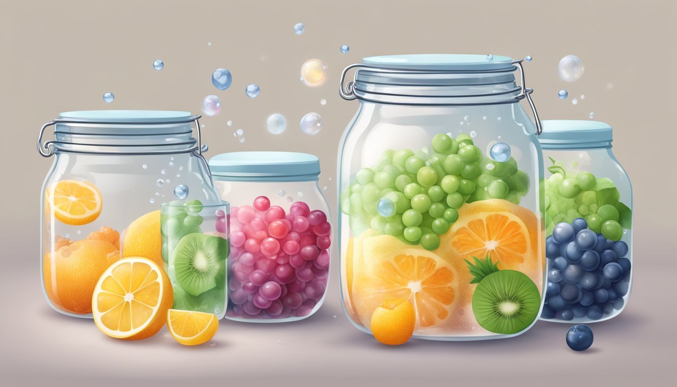Water kefir grains ferment in a glass jar. Bubbles rise to the surface. A person pours the kefir into a glass and adds fruit for flavor