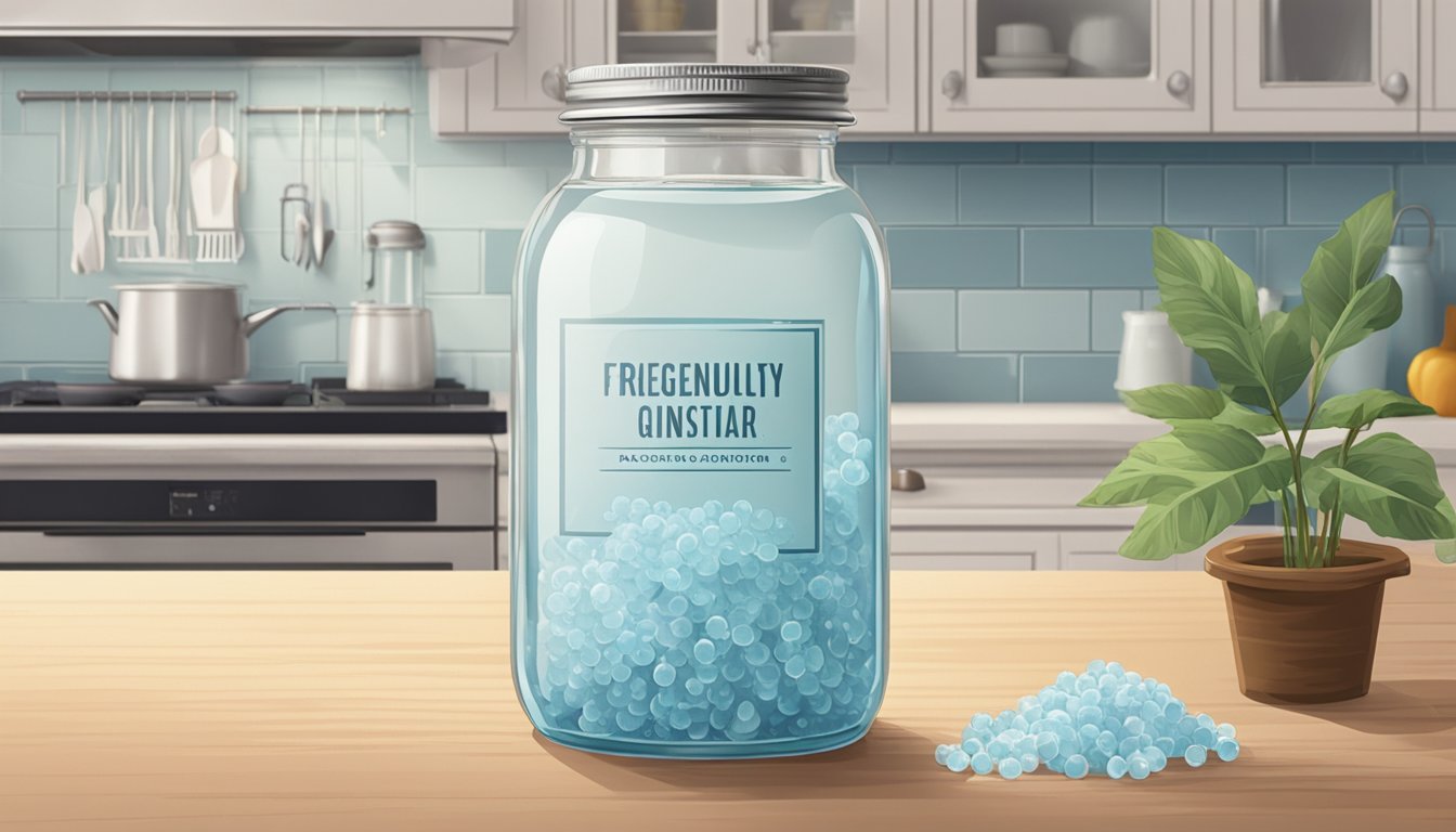 A jar of water kefir grains sitting on a kitchen counter with a "Frequently Asked Questions" sign next to it