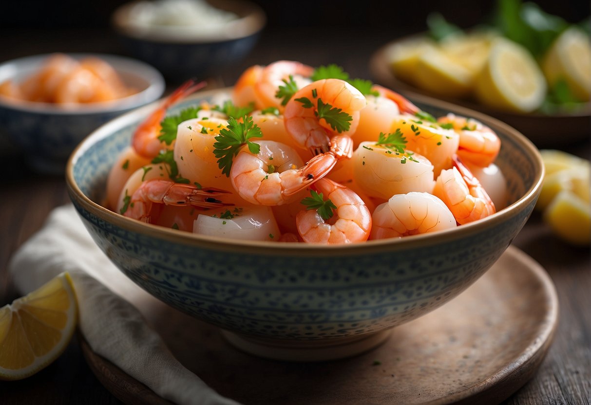 A bowl of salted eggs sits next to a plate of fresh shrimp, with Chinese recipe ingredients in the background