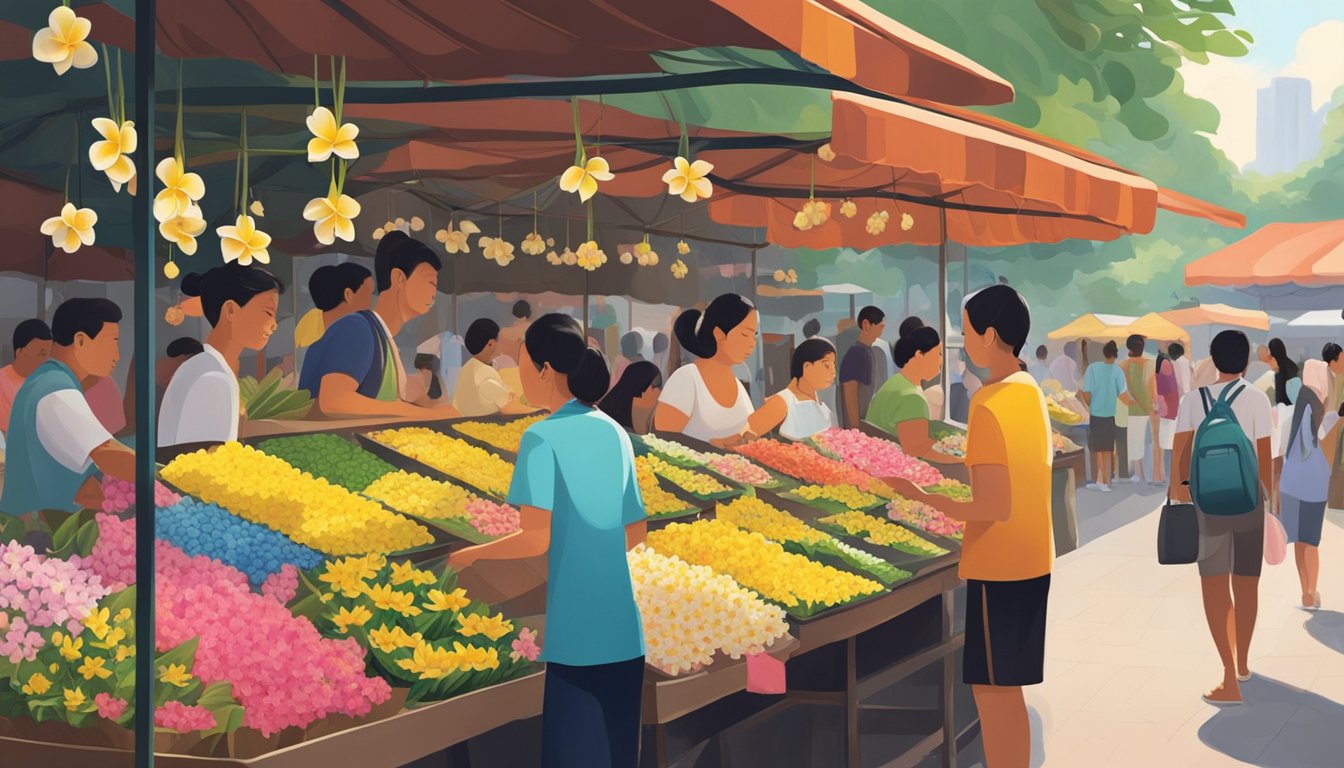 A bustling Singaporean market stall displays vibrant frangipani flowers for sale. Shoppers browse the fragrant blooms, while the vendor arranges the delicate blossoms in colorful bunches