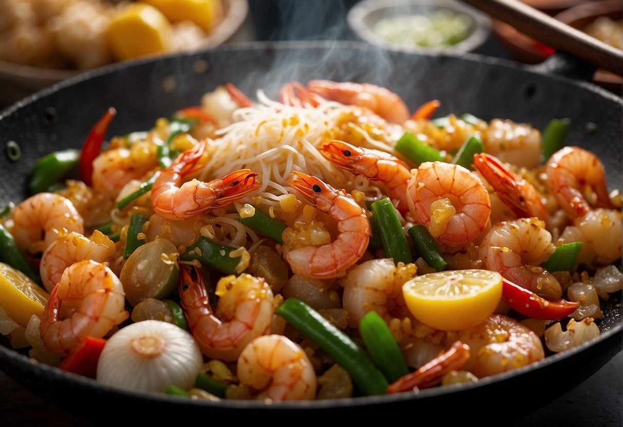 A wok sizzles with salted egg-coated shrimp, surrounded by Chinese ingredients like ginger, garlic, and chilies