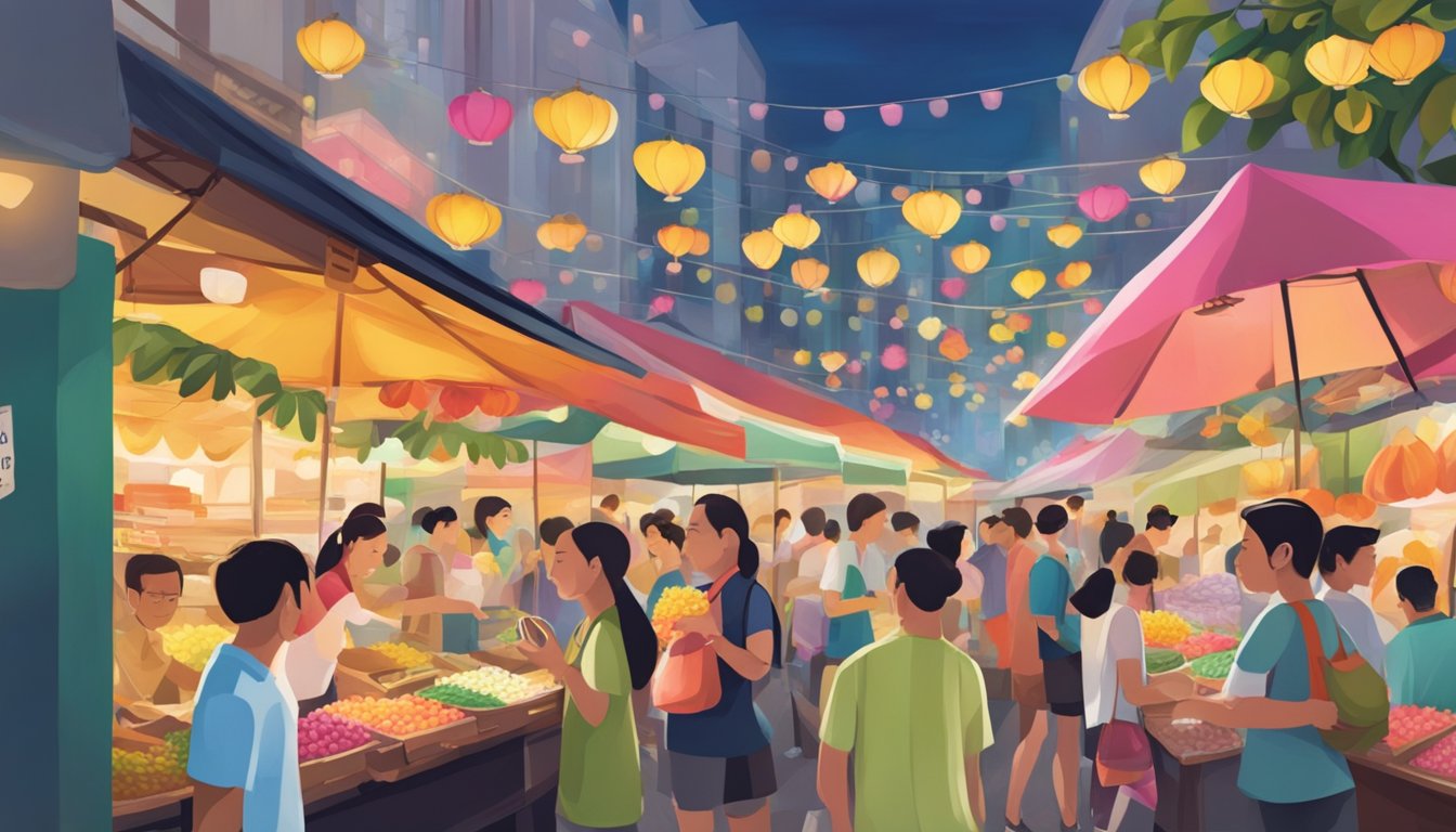 A bustling Singapore street market with colorful stalls selling vibrant frangipani flowers. The air is filled with their sweet, intoxicating scent