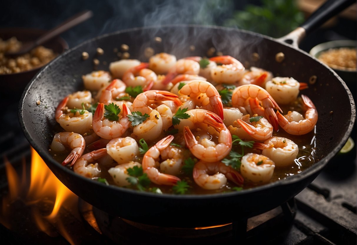 Shrimp being cooked in a wok with salted eggs and Chinese spices