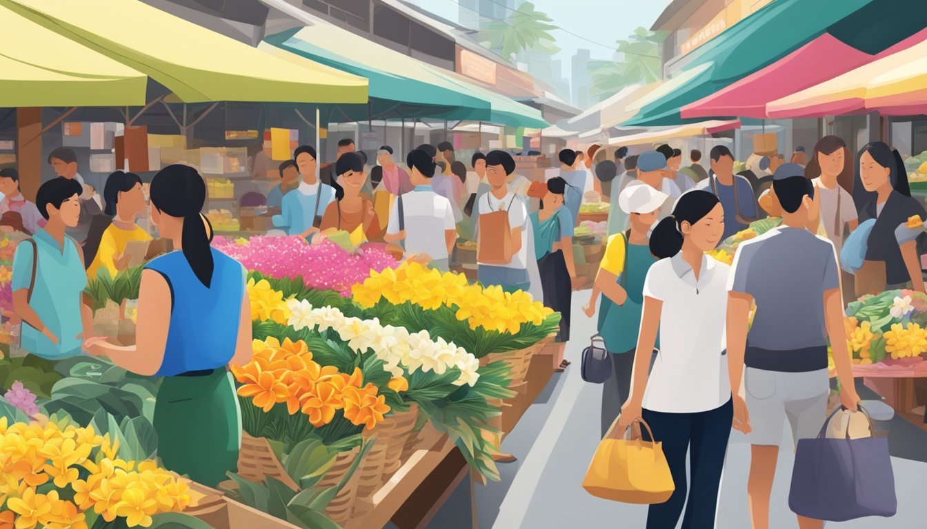 A bustling market stall with vibrant frangipani flowers on display, surrounded by curious shoppers in a lively Singaporean marketplace