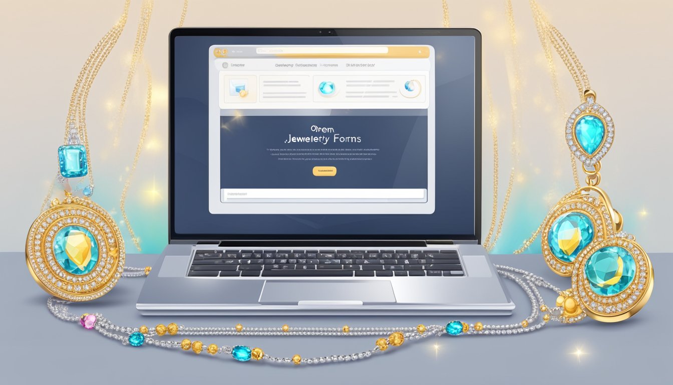 A laptop with an open browser displaying a variety of sparkling jewelry. A secure payment page and a delivery address form are visible on the screen