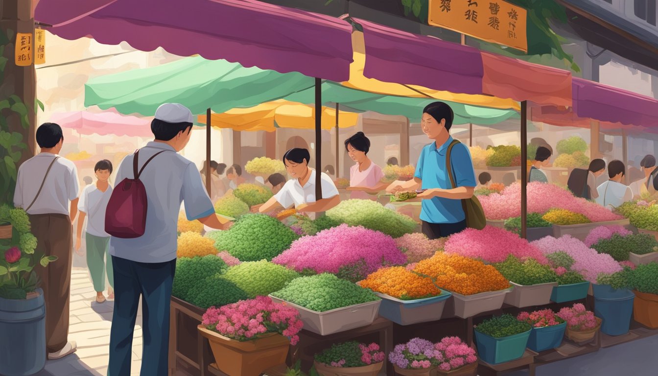 A bustling Singaporean market stall sells fragrant fu gui hua flowers in vibrant colors, attracting eager customers seeking their beauty and medicinal properties