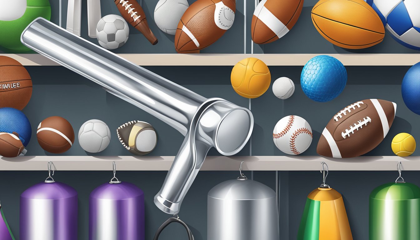 A hand reaches for a shiny, silver whistle on a display shelf, surrounded by various other sports equipment