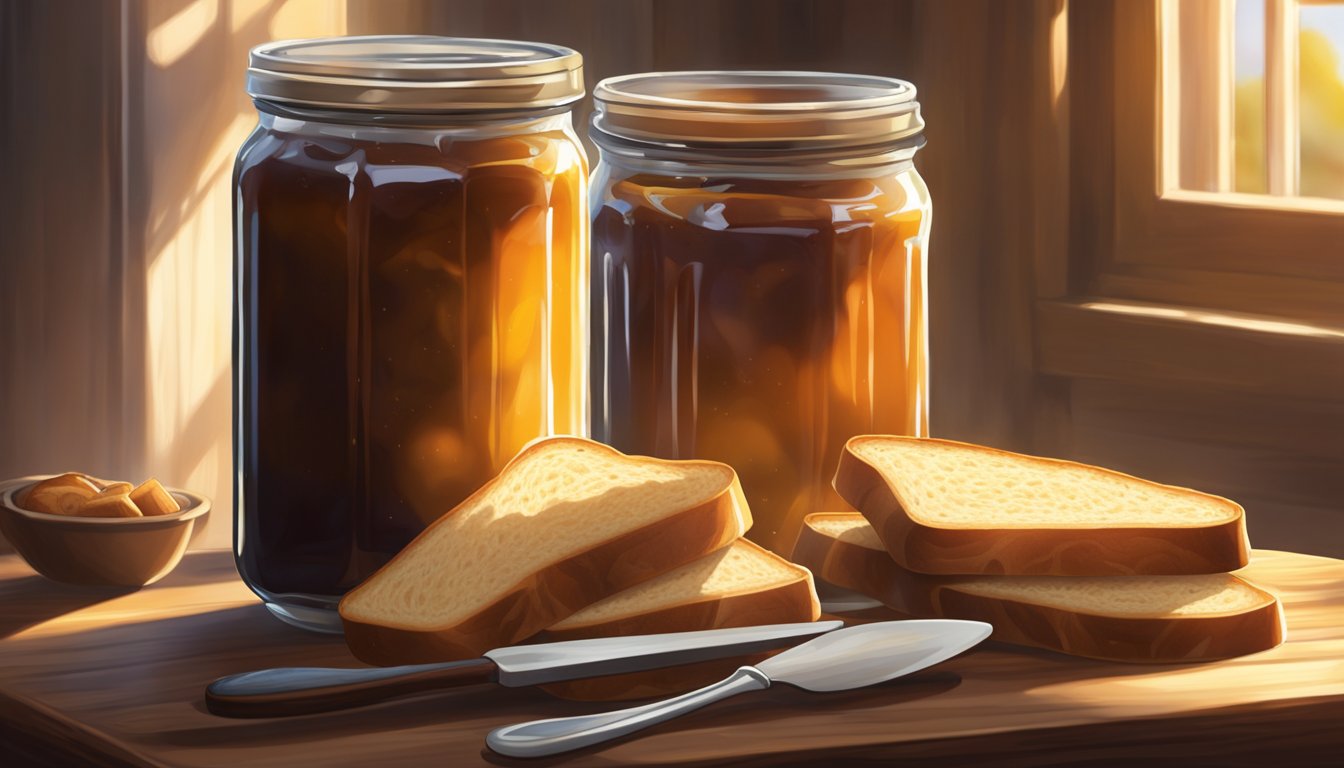 A jar of kaya jam sits on a rustic wooden table, surrounded by slices of toast and a spreader. Sunlight streams in through a nearby window, casting a warm glow on the scene