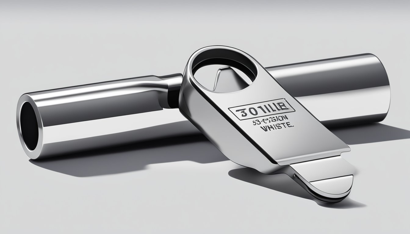 A silver whistle with black trim lies on a white surface, next to a small rectangular tag with product details and specifications