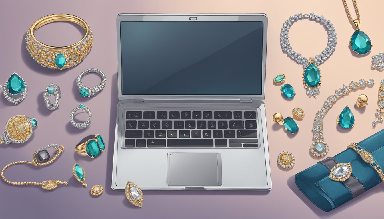 A laptop open on a table, displaying an array of stunning jewellery pieces. A hand reaches for the mouse, ready to explore and discover the perfect jewellery online