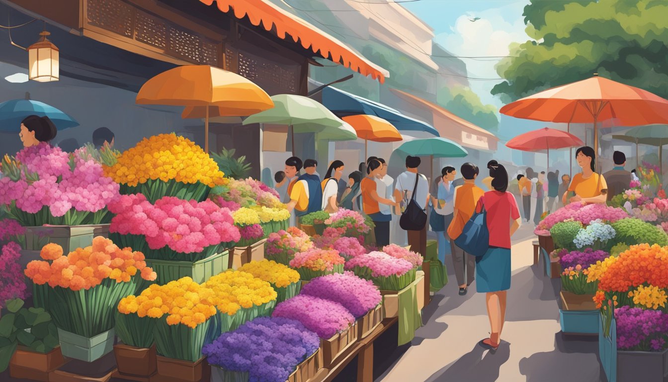 A bustling market stall displays vibrant Fu Gui Hua flowers in Singapore, surrounded by eager customers and a colorful array of other exotic blooms