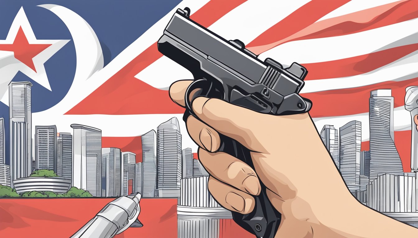 A hand holding a whistle with a Singapore flag in the background
