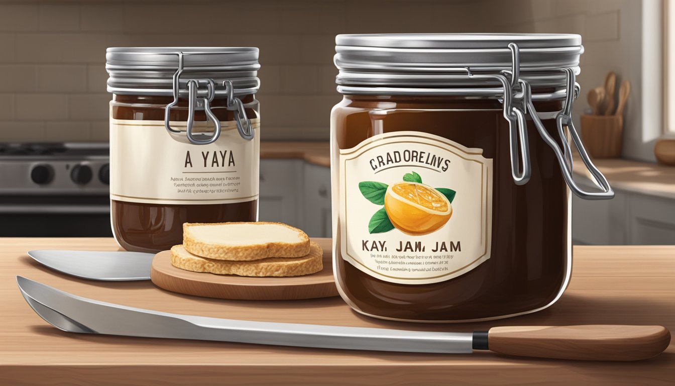 A jar of kaya jam sits open on a kitchen counter, with a spreader next to it. The rich, creamy texture of the jam is visible, and the label on the jar is prominent