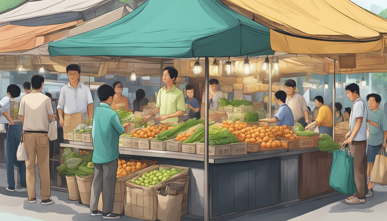 A bustling Singapore market stall sells fu gui hua, with customers asking questions and making purchases