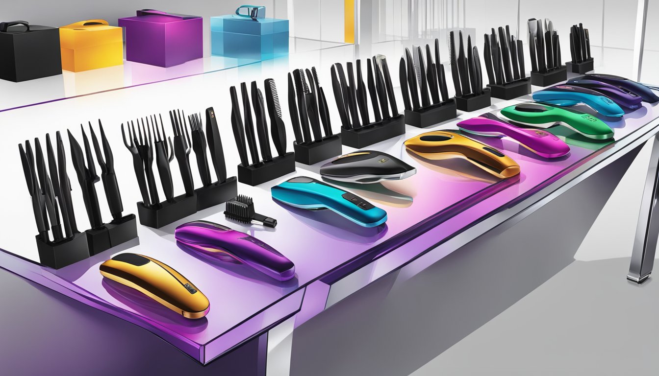 A table displays various GHD hair styling tools with their sleek designs and vibrant colors. The tools are neatly arranged, showcasing their premium quality and advanced technology