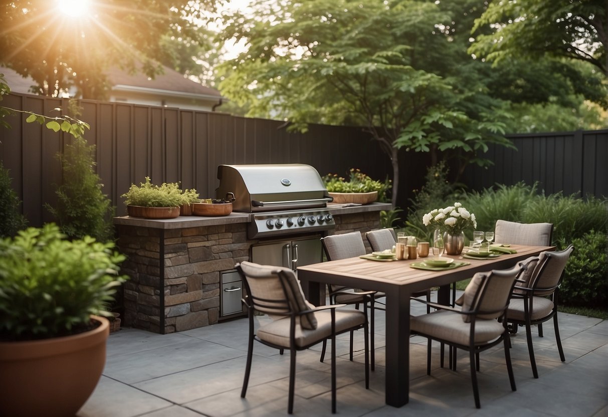 A backyard patio with a sleek, stainless steel outdoor gourmet grill as the centerpiece, surrounded by lush greenery and comfortable outdoor furniture