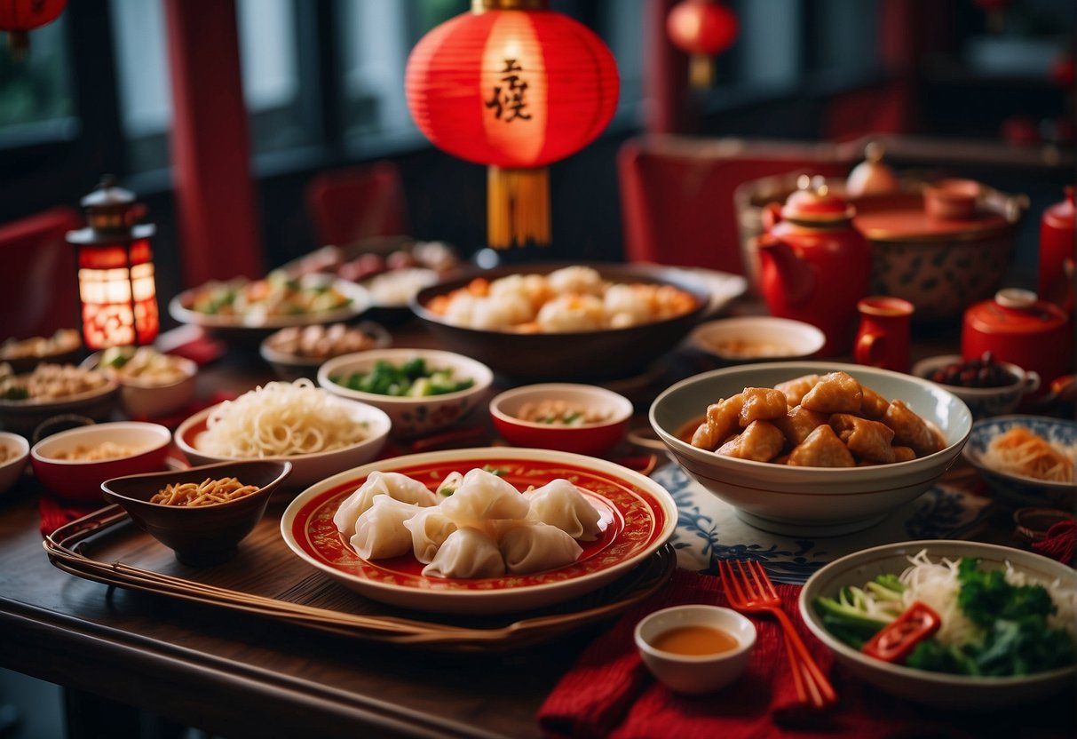 A table set with traditional Chinese New Year dinner dishes, including dumplings, spring rolls, fish, and noodles. Red decorations and lanterns adorn the room