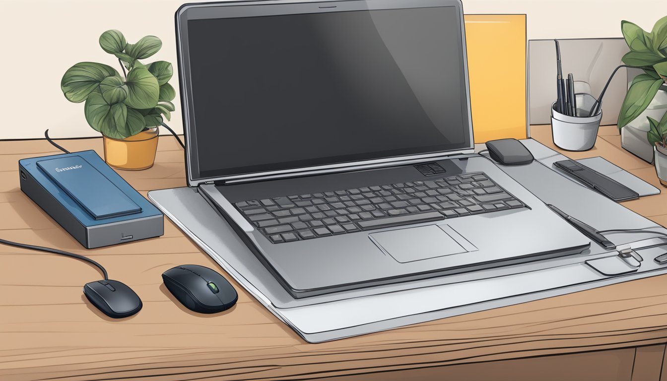 A desk with a laptop, a wireless mouse, and a USB receiver plugged into the laptop. The mouse is turned on and ready to use