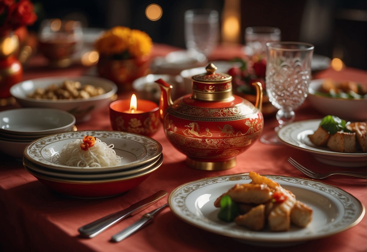 A festive Chinese New Year dinner table set with traditional dishes and decorations