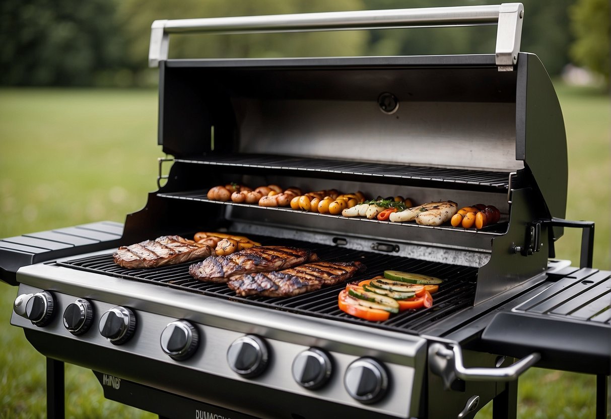 An outdoor gourmet grill surrounded by various competing grill brands for analysis