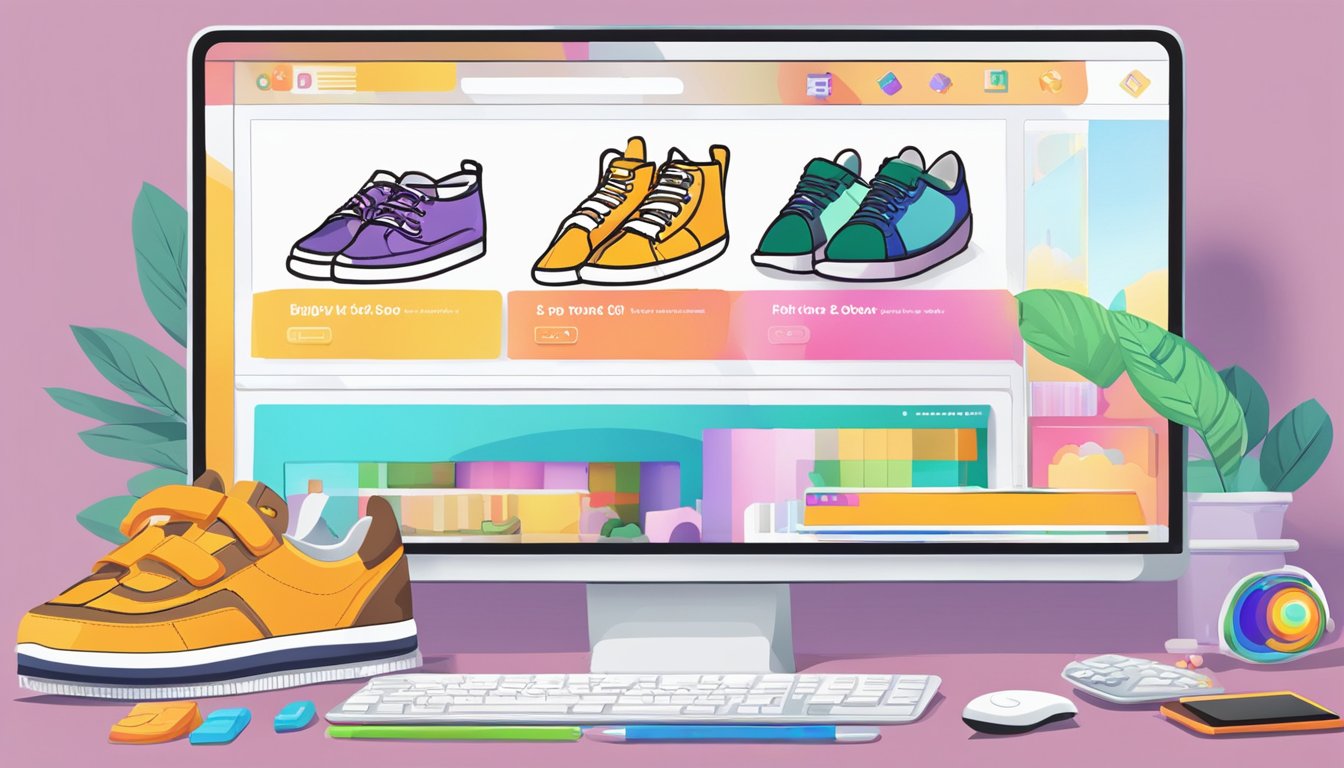 A computer with a colorful display showing a variety of kids' shoes. An open internet browser with a "buy now" button visible