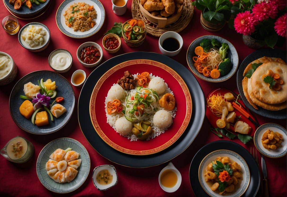A table set with a variety of colorful and appetizing Chinese New Year dinner menu starters