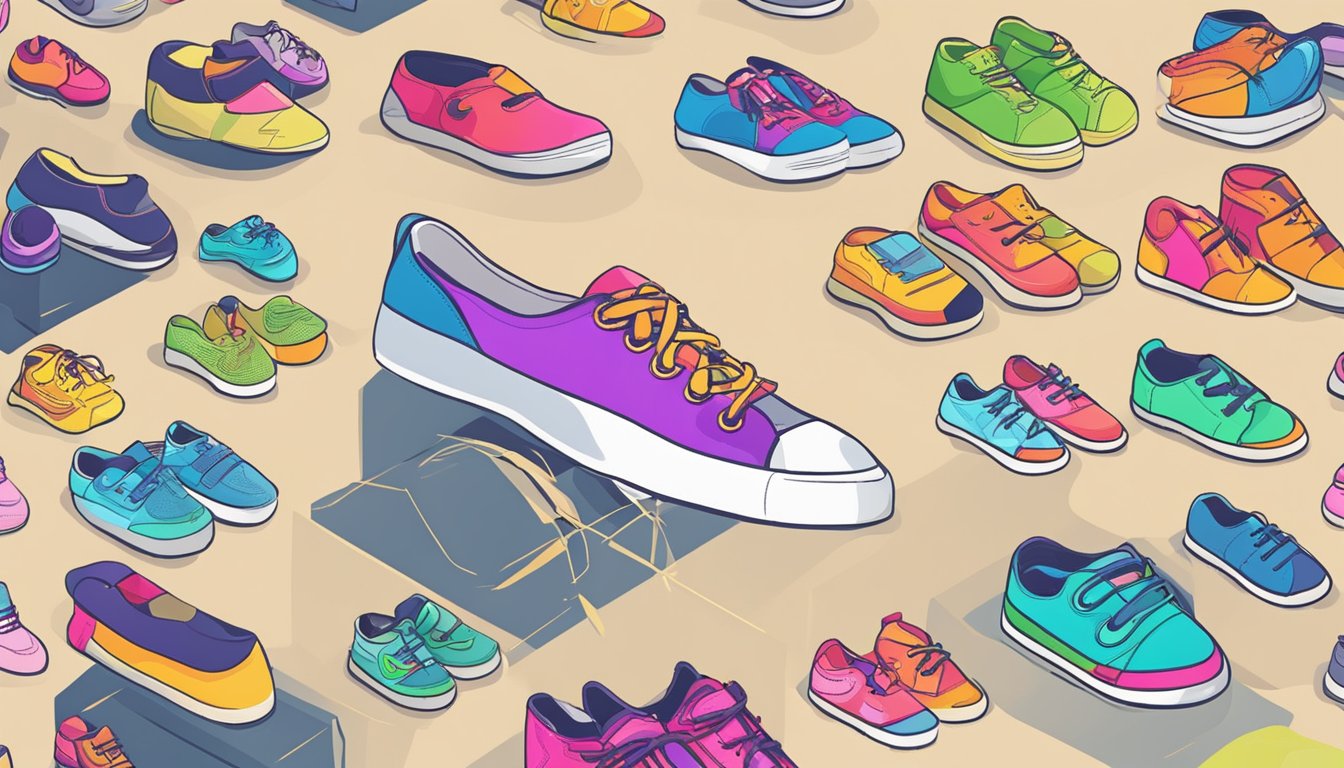 A computer screen displaying a variety of colorful kids' shoes on an online shopping website. The website's interface is user-friendly and showcases different styles and sizes
