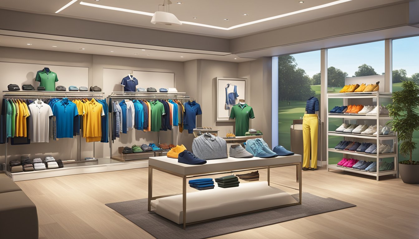 A vibrant display of golf apparel in a modern boutique setting, with neatly arranged racks of polo shirts, pants, and accessories. Bright lighting highlights the stylish and functional designs, creating an inviting atmosphere for shoppers
