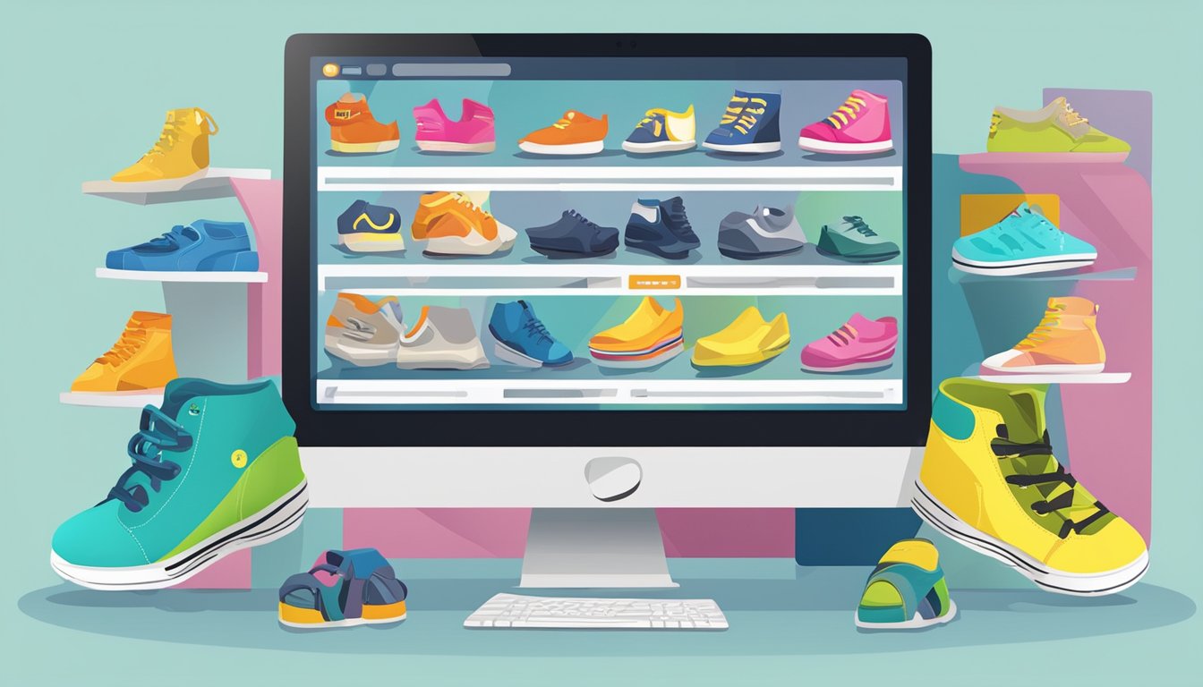 A computer screen displaying a variety of children's shoes on an online shopping website, with a "buy now" button highlighted