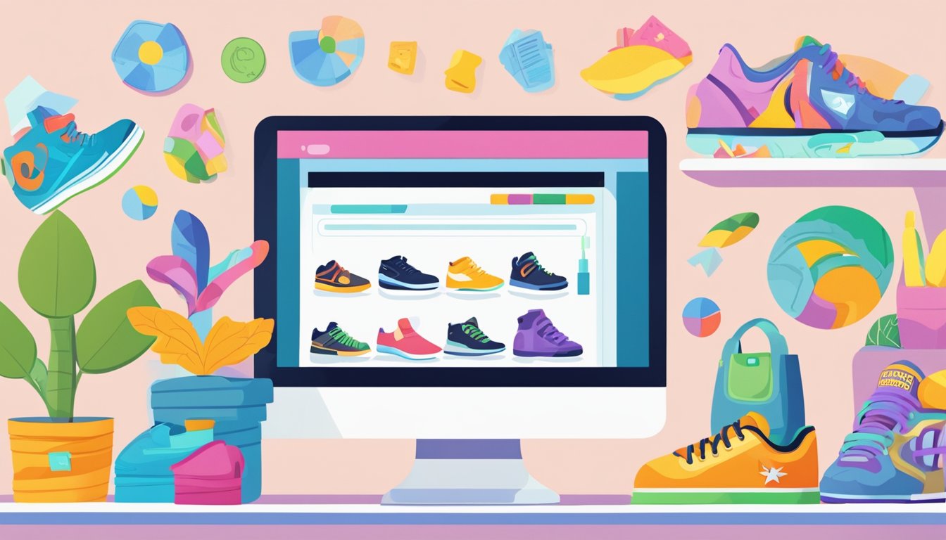 A computer screen displaying a webpage with the title "Frequently Asked Questions buy kids shoes online" surrounded by colorful illustrations of different shoe styles