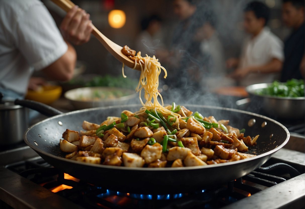 A wok sizzles as a chef stir-fries chunks of salted fish with ginger, garlic, and green onions in a bustling Chinese kitchen