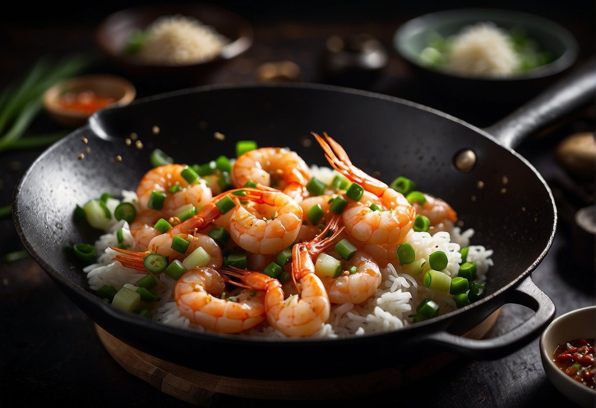 A wok sizzles with salted prawns, stir-frying in garlic and chili. Green onions and ginger add fragrance. Soy sauce and rice wine add depth