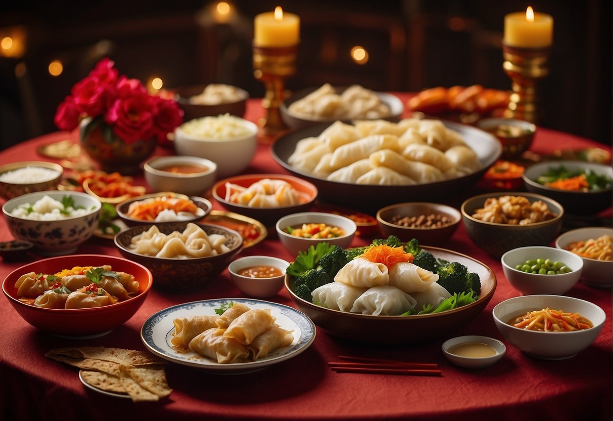 A table set with traditional Chinese New Year dinner dishes, including dumplings, fish, noodles, and spring rolls, surrounded by red and gold decorations