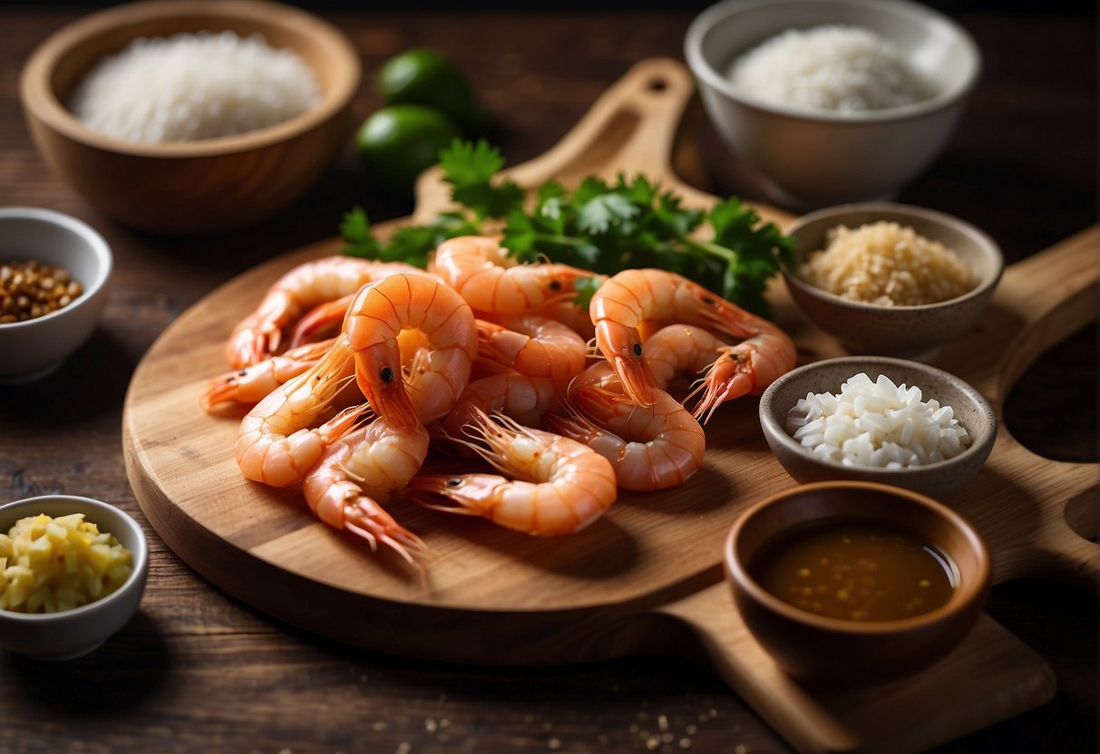 A hand reaches for salted prawns, ginger, garlic, and soy sauce on a wooden cutting board, ready to prepare a Chinese recipe