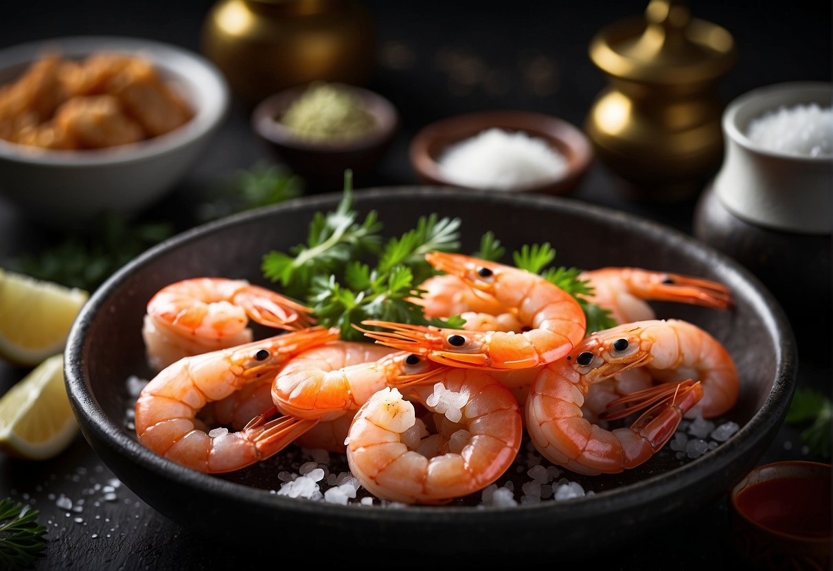 Prawns being seasoned with salt, surrounded by traditional Chinese cooking ingredients