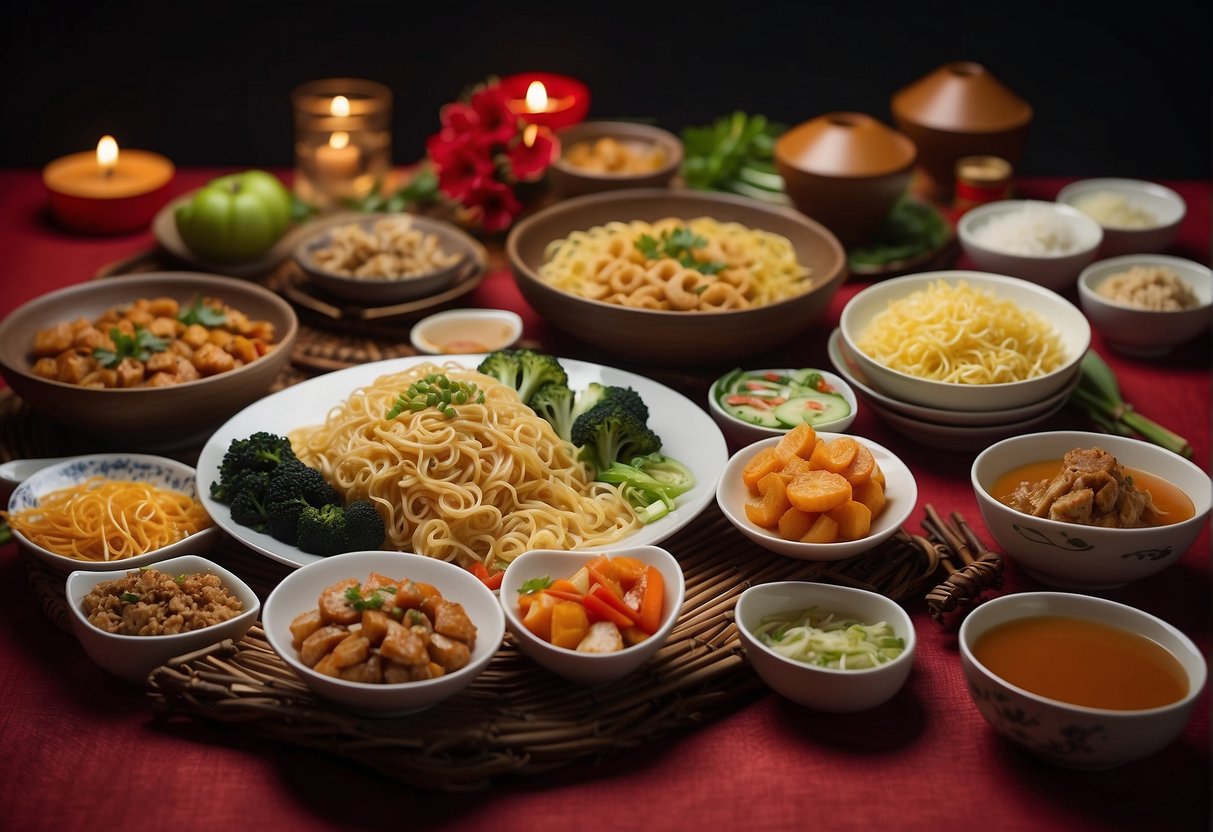 A table set with a variety of savoury sides and noodle dishes, adorned with traditional Chinese New Year decorations