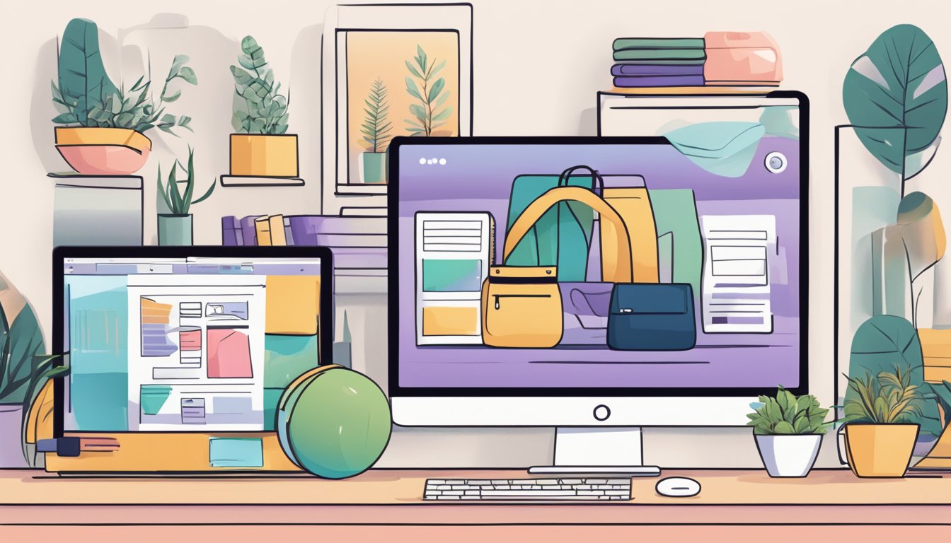 A laptop open to a variety of yoga clothing websites, with colorful and stylish options displayed on the screen