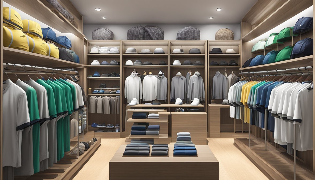 A display of golf apparel in a Singapore shop, with racks of clothing and shelves of accessories neatly organized for easy browsing