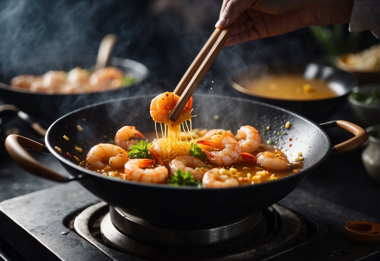 Prawns being tossed in a wok with salted egg yolk sauce, emitting a savory aroma