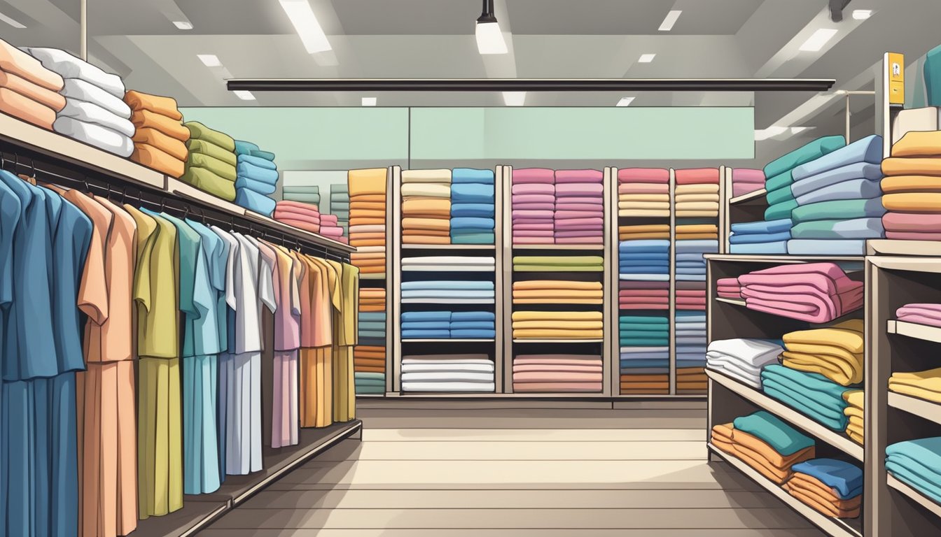 A shelf in a Singaporean home goods store displays neatly folded Good Morning towels in various colors and sizes, with a sign indicating their quality and affordability