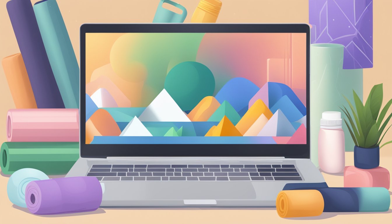 A laptop with a yoga clothes website open, surrounded by yoga mats, blocks, and water bottles